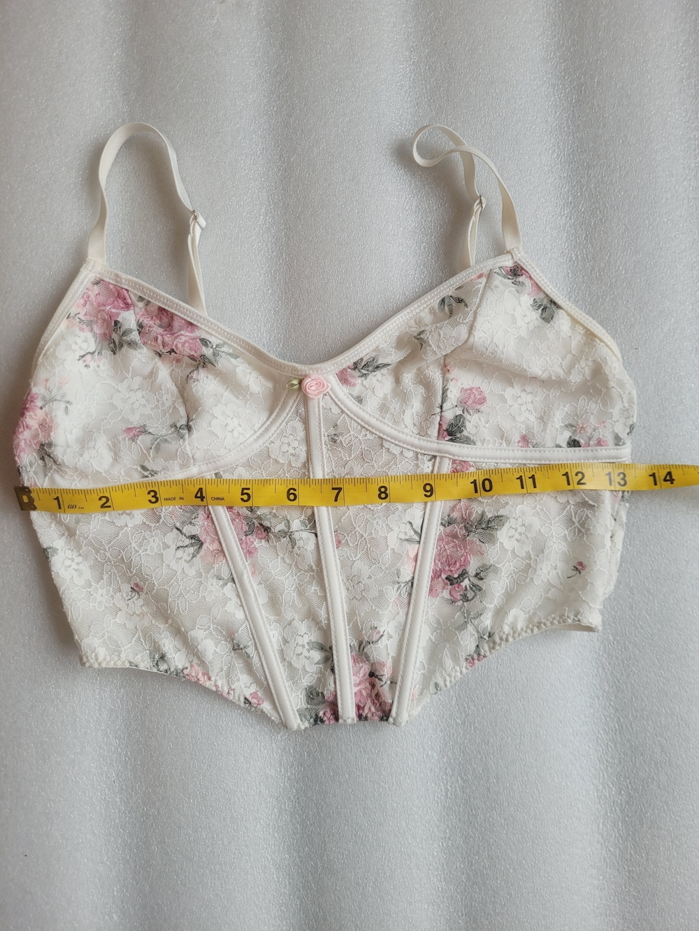 Floral Lace Bustier White with Pink Roses Corset Feminine - Picture 8 of 9